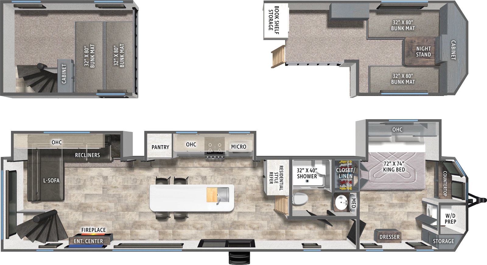 The Puma Vista 423LFT floorplan has one entry and three slide outs. Exterior features include: metal exterior. Interiors features include: loft, kitchen island, front bedroom and rear living.
